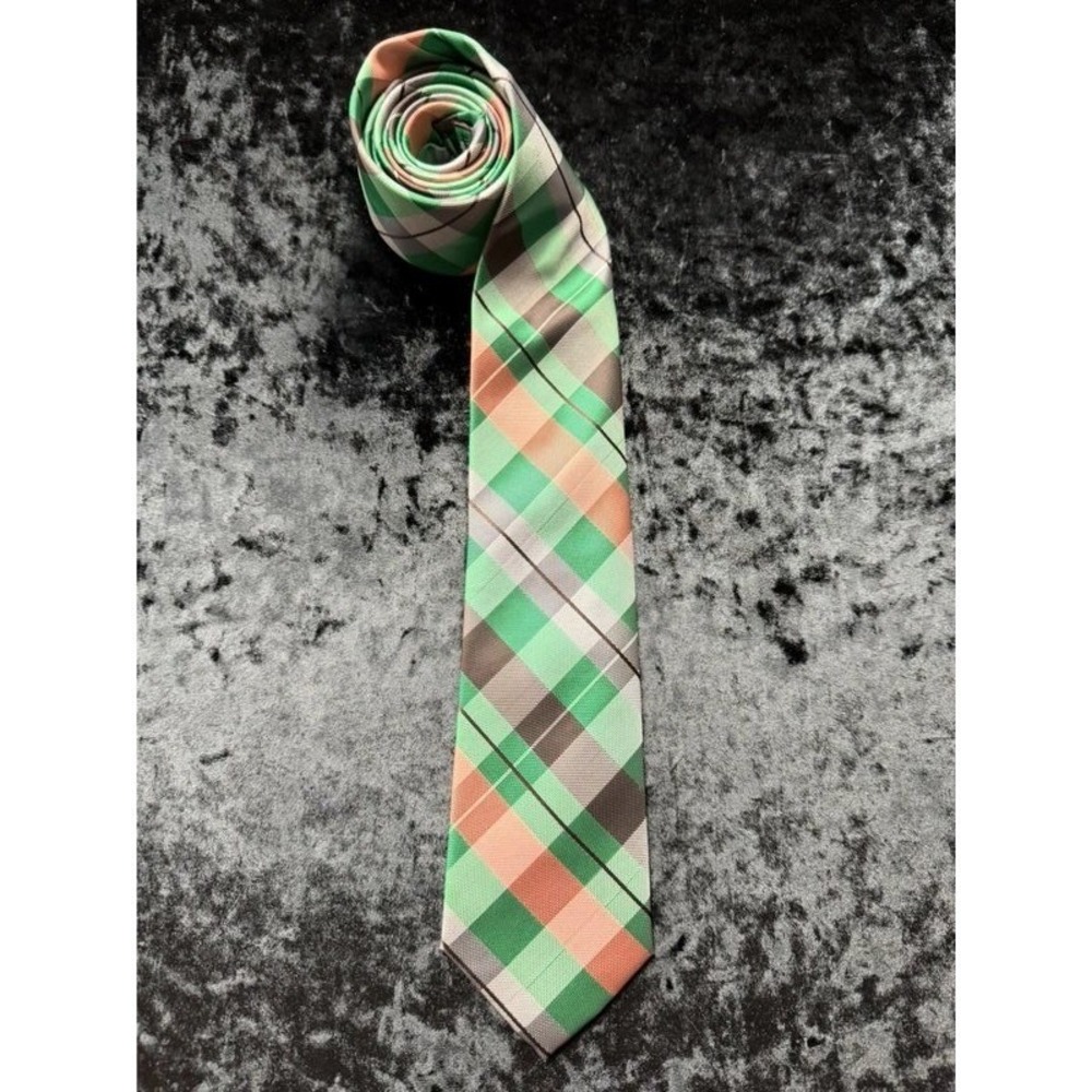 Brand G Mens Tie Green Peach Gray Plaid Microfiber Italian Design 3 Inch